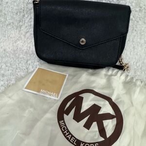 Michael Kors Black Leather Crossbody with 1/2 Gold Chain Accent